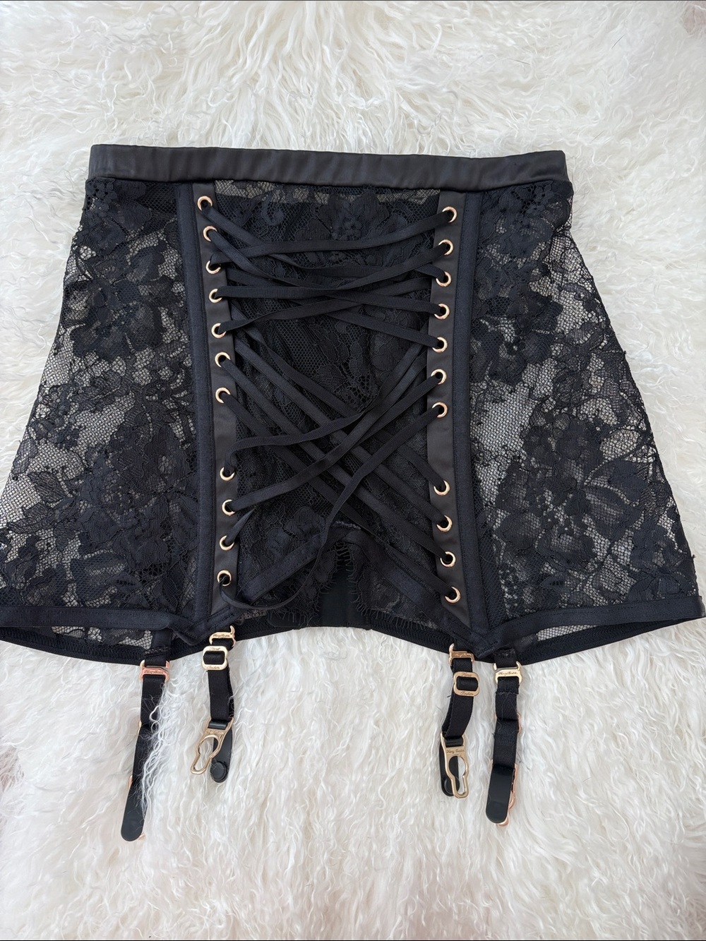 Honey Birdette Black Lace Corset Garter Belt Waist Cincher